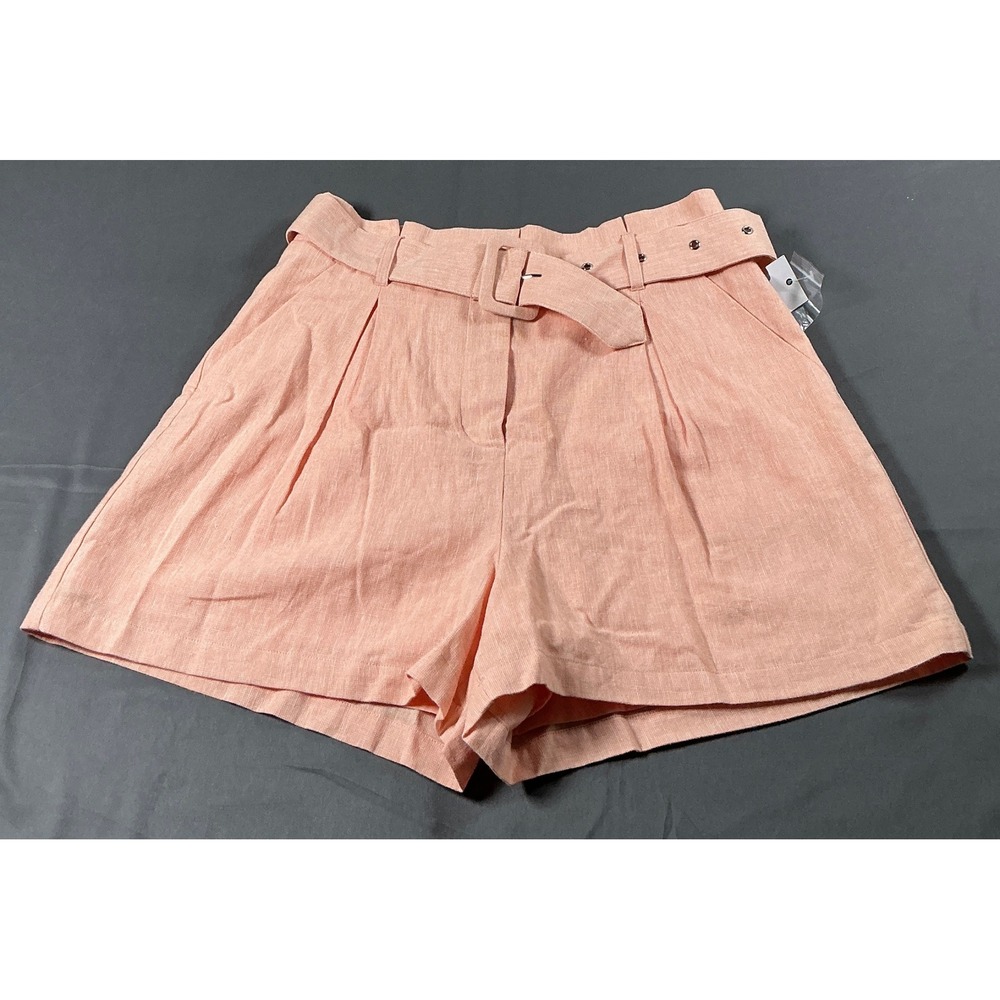 Ophelia Roe Peach Linen Blend Belted Pleated Shorts Womens Medium High Rise
